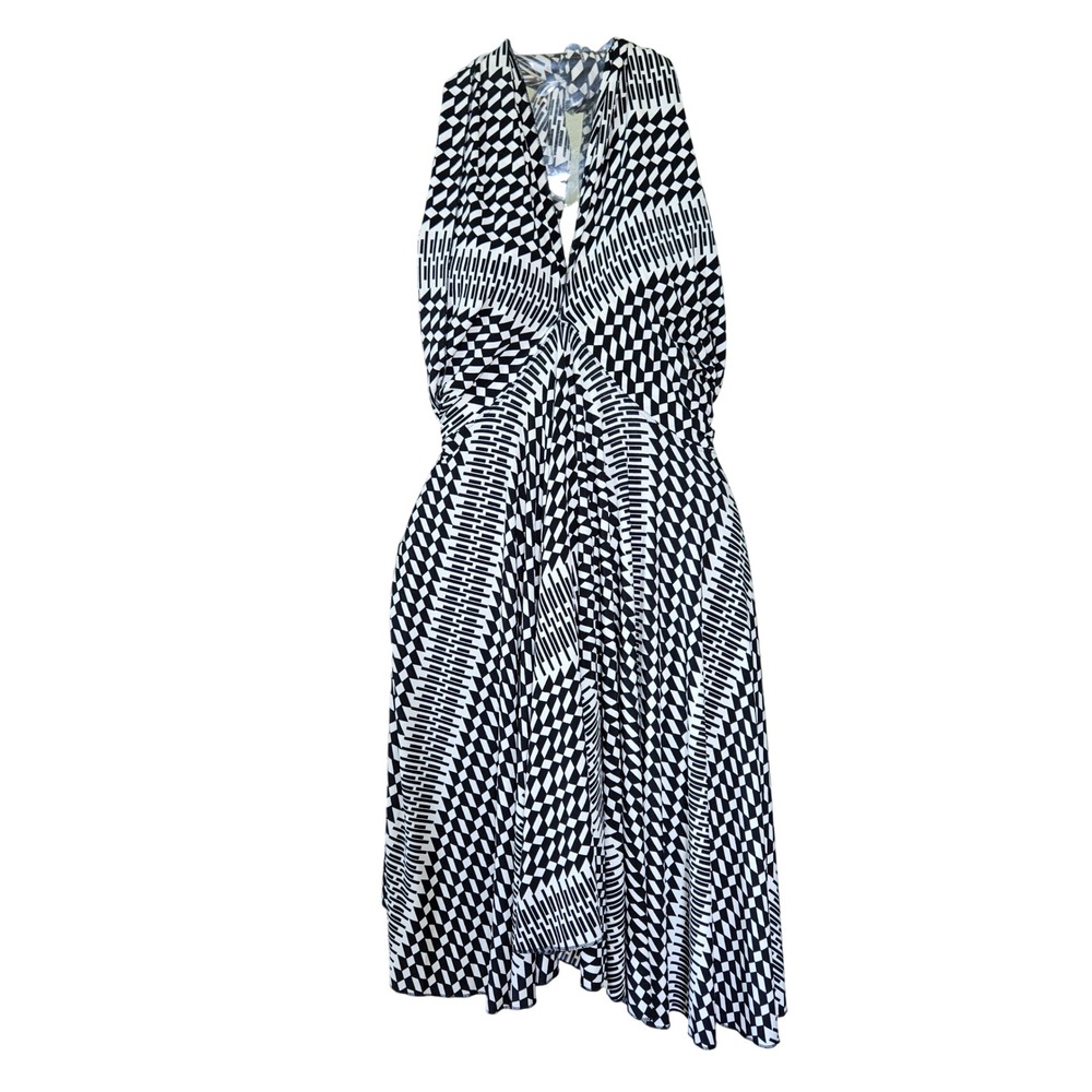 Jockey Person to Person Black Wht Geometric Halter Handkerchief Hem Dress XXS/XS